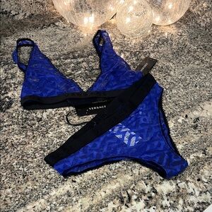 Versace Lace Royal Blue and Black Lingerie Set